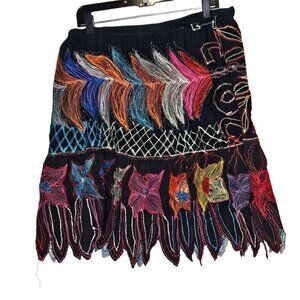 Colorful Handcrafted‎ Embroidered Skirt Festival Burning Man Intricate Frayed M